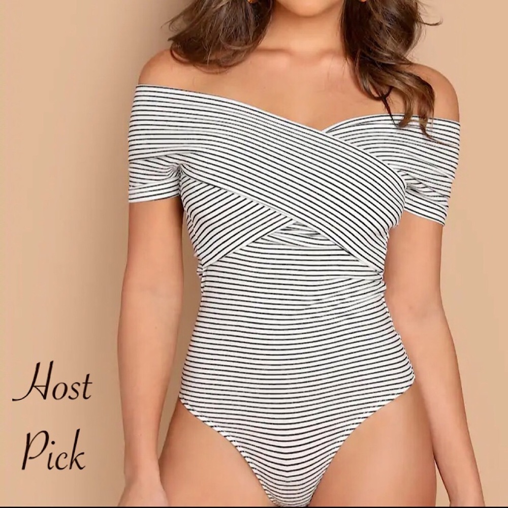 Black White Stripe Off Shoulder Wrap Bodysuit